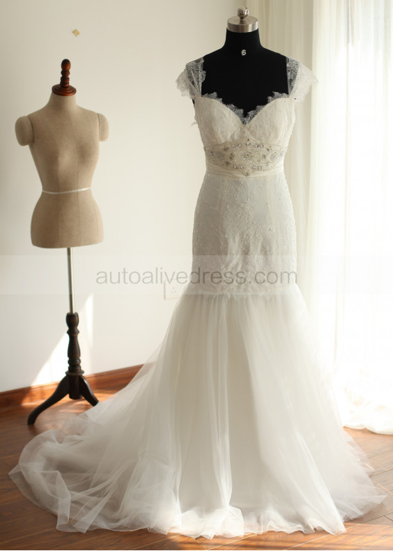 EyeLash Lace Beading Cap Sleeves Tulle Wedding Dress